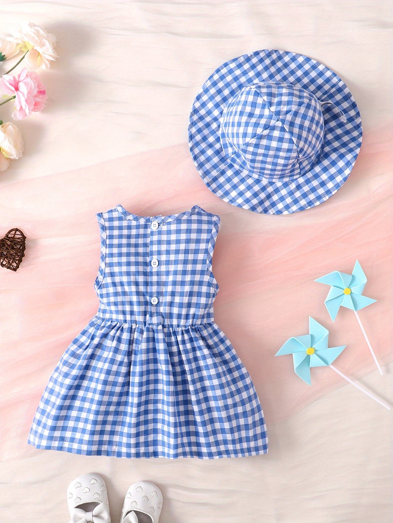 2pcs Baby Girls Plaid Bowknot Sleeveless Dress & Hat Set for Summer