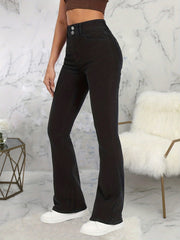 Wide Leg Double Button Jeans High Rise Flare Denim Pants