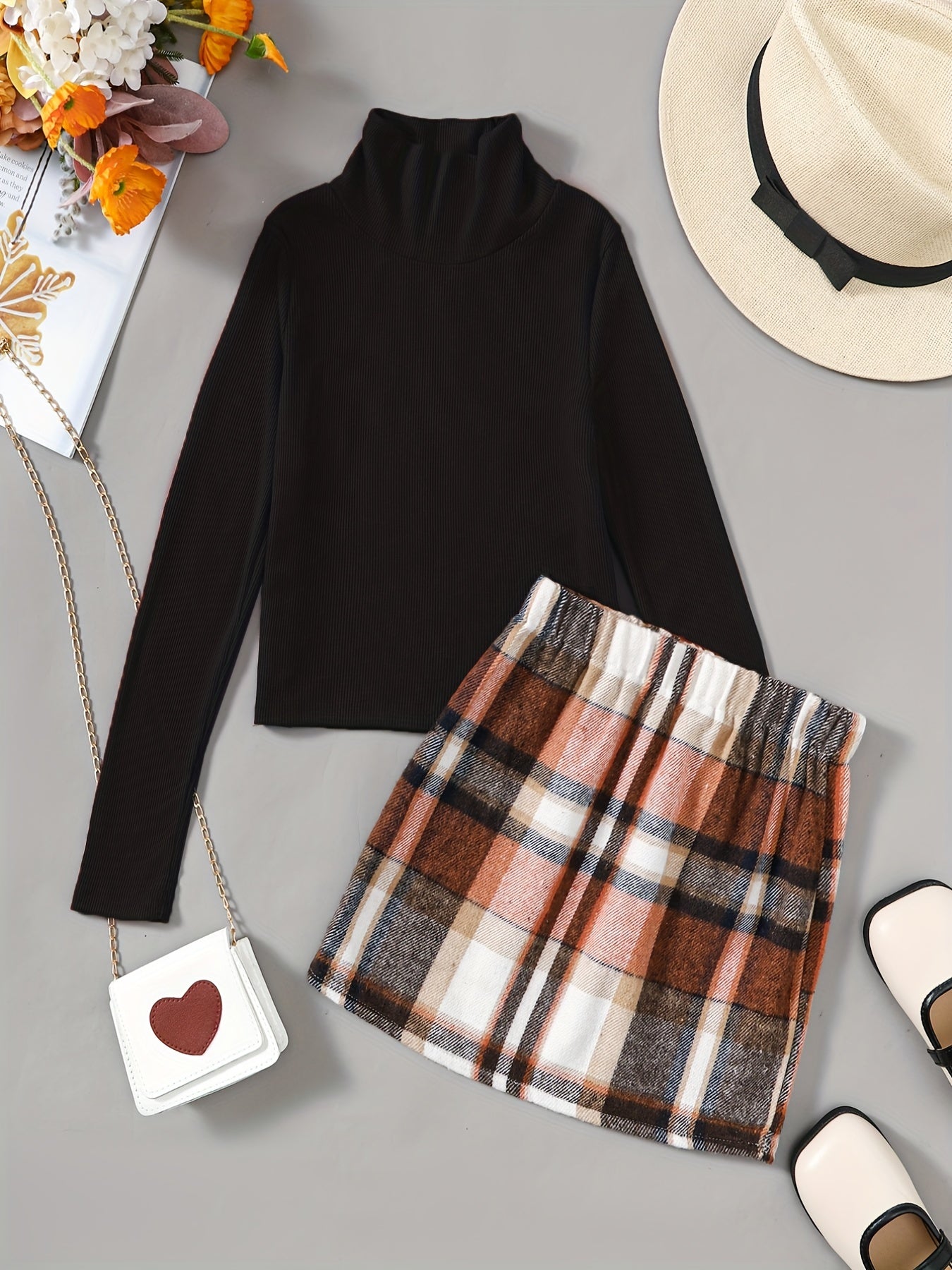 Girls Turtleneck Knit Top & Plaid Short Skirt Set