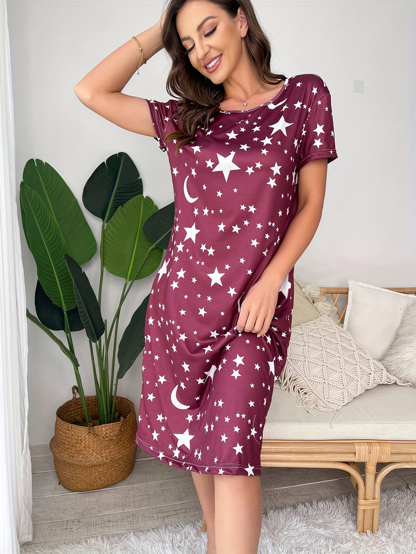 Star & Moon Print Nightdress Short Sleeve Sleep Dress Women's Sleepwear