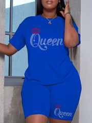Queen Letter Print 2 Piece Set Crew Neck T shirt & Yoga Shorts