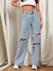 Distressed Loose Fit Wide Legs Casual Denim Pants