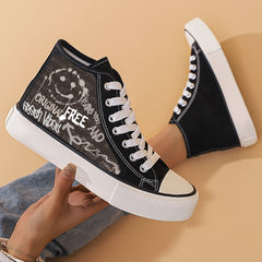 Smiling Face Print High Top Canvas Shoes Lightweight Lace Up Flatforms