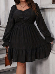 Solid Ruched Flounce Sleeve Square Neck Smock Dress