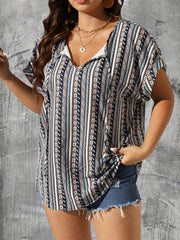 Boho Blouse Womens Tribal Print Short Sleeve Keyhole Tie V Neck T Shir
