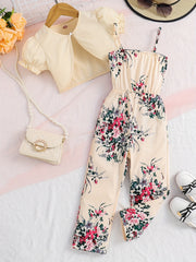 Girls 2pcs Floral Camisole Jumpsuit & Puff Sleeve Coat Set