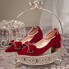 Faux Pearl Bow Ankle Strap Chunky Heel Wedding Shoes
