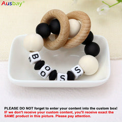 Personalized Wooden Teether Ring with Silicone Beads