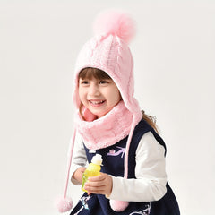 Kids Knitted Thermal Beanie Hat & Scarf Set - Winter Yarn Pom Pom Hat Scarf Set