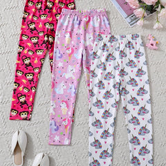 3pcs Girls Cartoon Pattern Skinny Pants for Sports Yoga Spring and Fall
