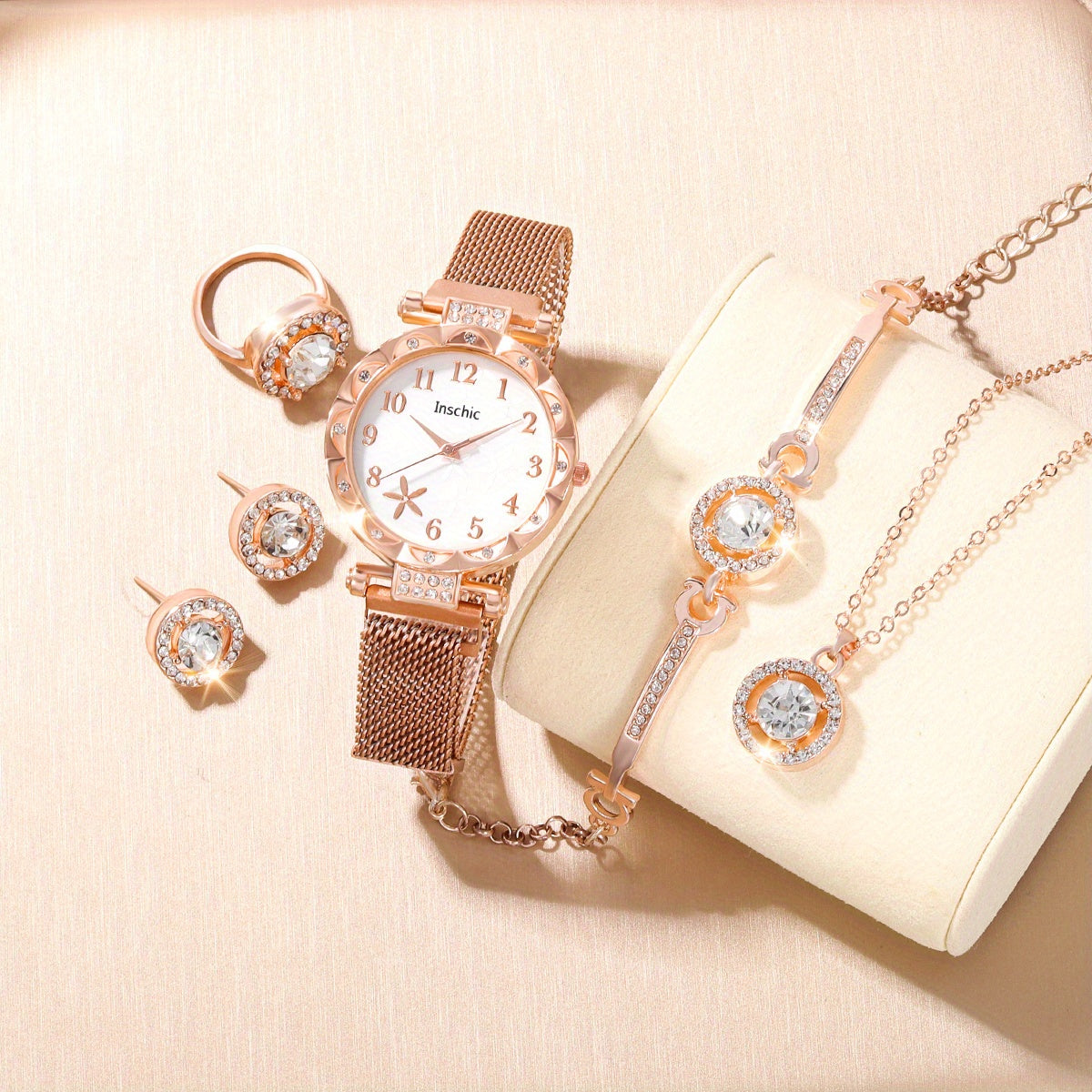 School Student Digital Rhinestone Quartz Wrist Watch & 5pcs Jewelry Set