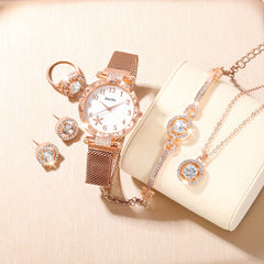 School Student Digital Rhinestone Quartz Wrist Watch & 5pcs Jewelry Set