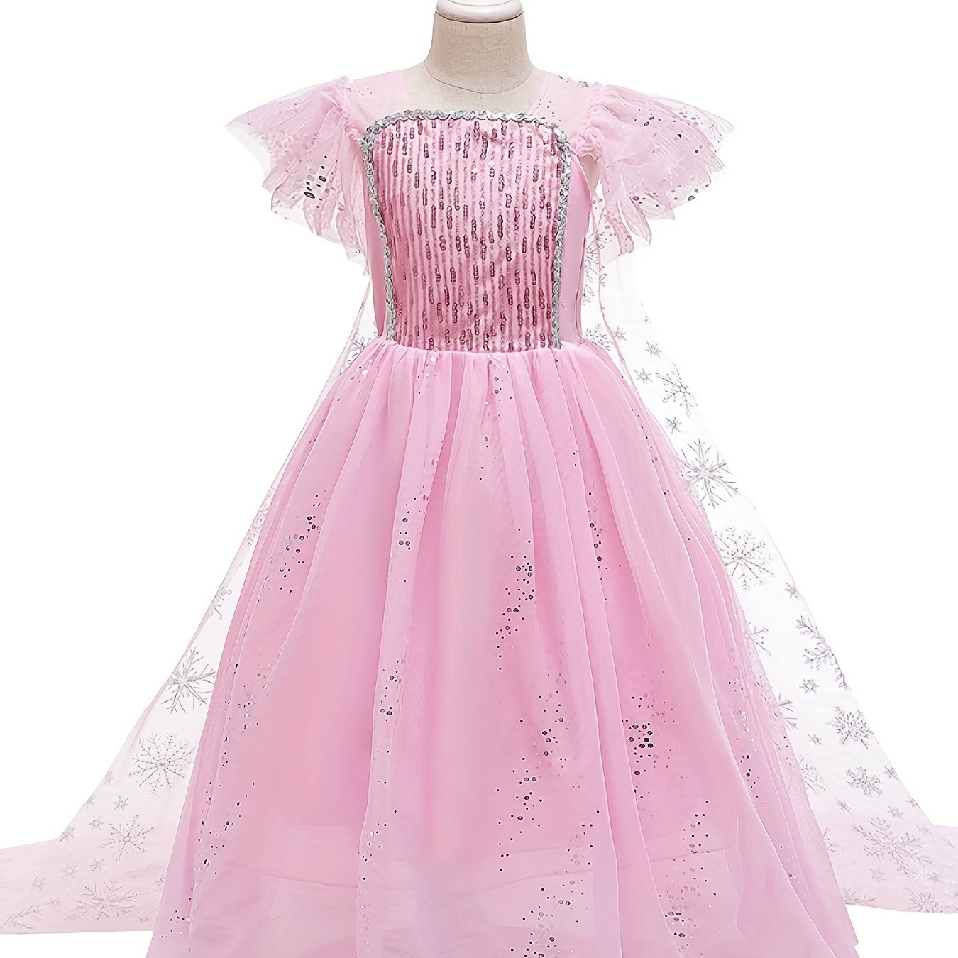 Girls Sequin Snowflake Princess Dress Sleeveless Ruffle Mesh Cape