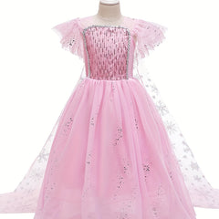 Girls Sequin Snowflake Princess Dress Sleeveless Ruffle Mesh Cape