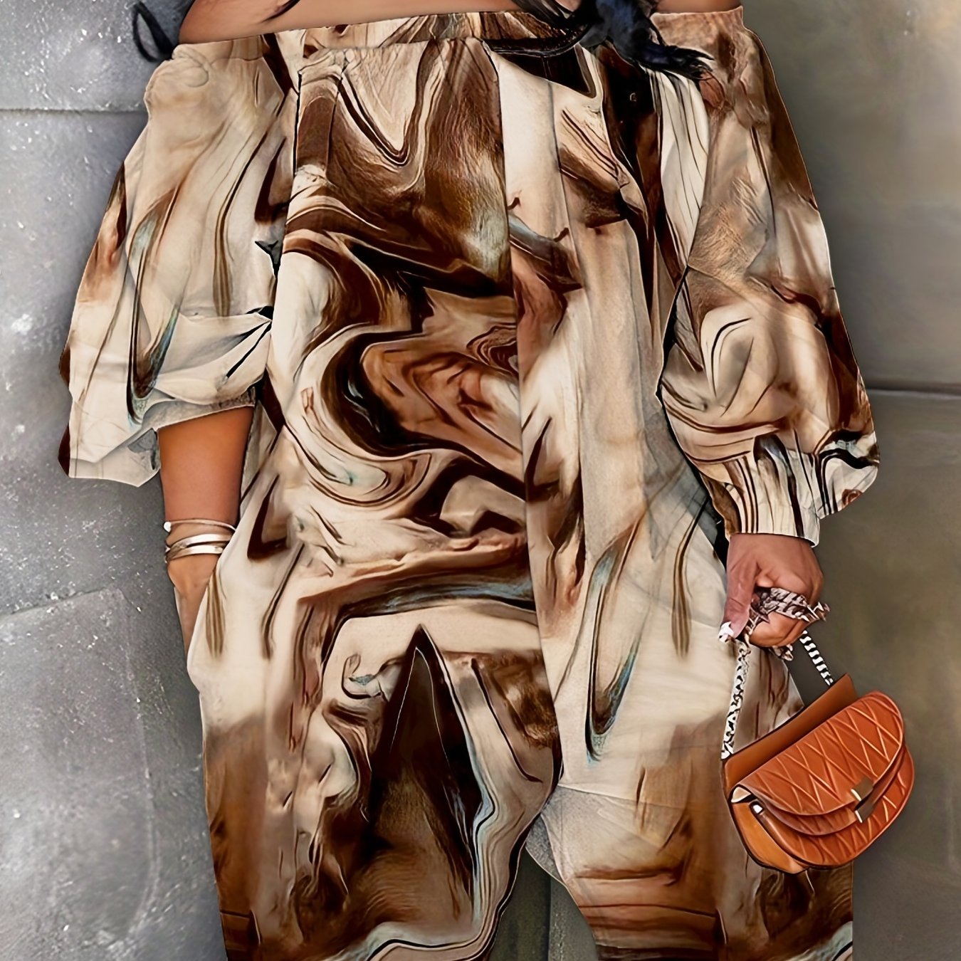 Marble Print Off Shoulder Long Sleeve Jumpsuit with Pockets