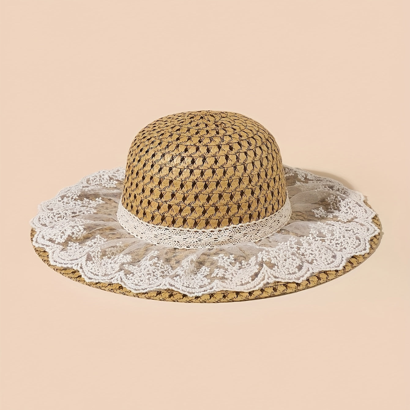 Women's Sunshade Straw Hat with Lace Bow Decor