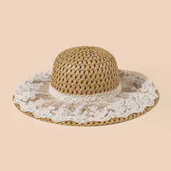 Women's Sunshade Straw Hat with Lace Bow Decor