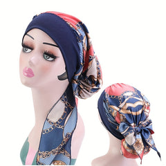 Flower Chain Print Bonnet Long Hair Lace Up Head Scarf Boho Elastic Silk Bonnet
