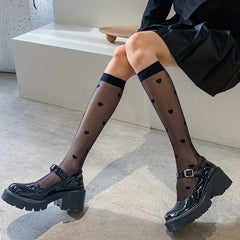 Heart Print Mesh Calf Socks Knee High Stockings Sweet & All match