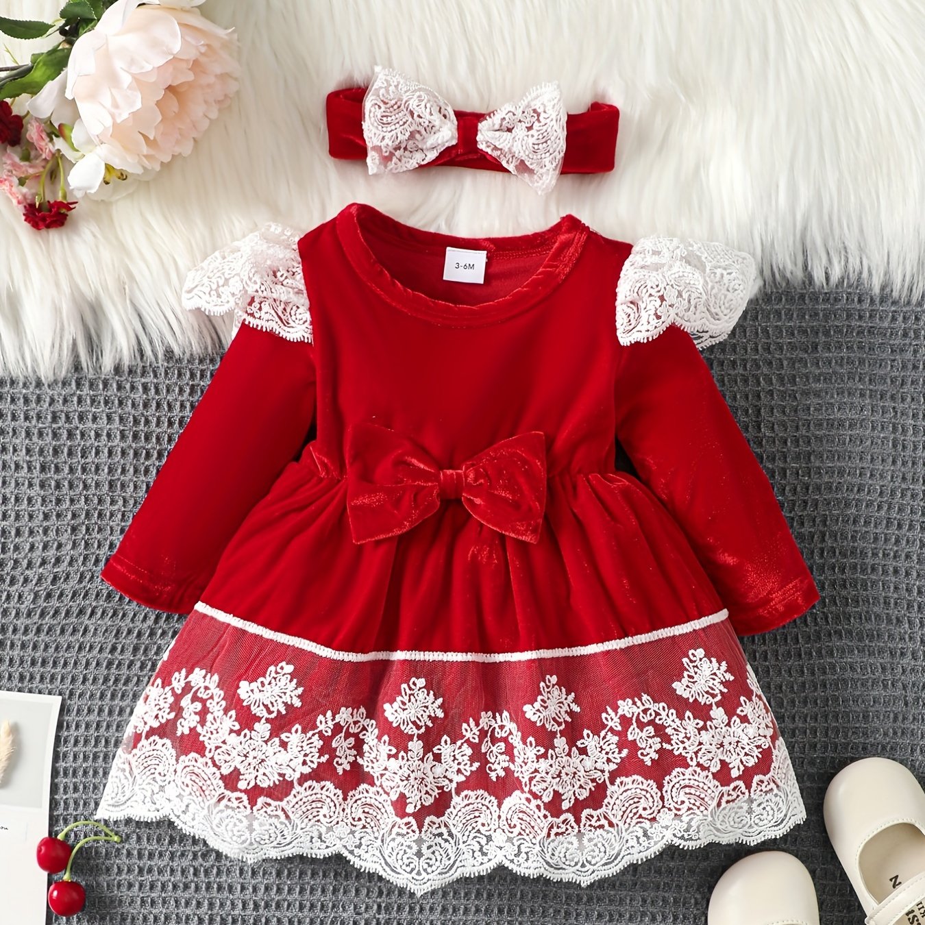 Bow Long Sleeve Tutu Dress With Lace Floral Trim & Headscarf