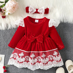 Bow Long Sleeve Tutu Dress With Lace Floral Trim & Headscarf