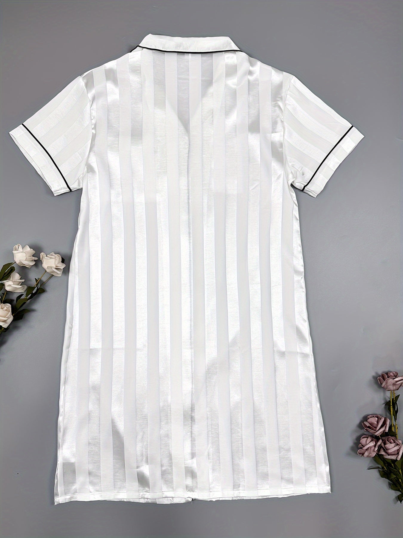 Striped Print Satin NightDress Short Sleeve Pajama Dress Women's Sleepwear
