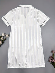 Striped Print Satin NightDress Short Sleeve Pajama Dress Women's Sleepwear