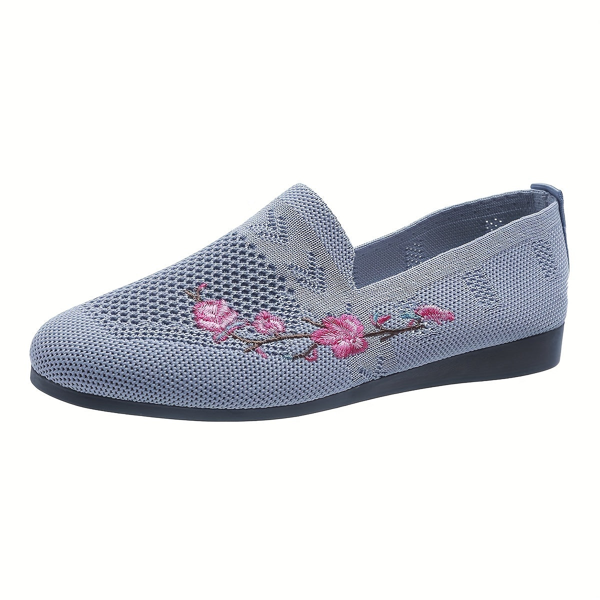 Floral Embroidered Flat Shoes Knit Slip On Casual Flats