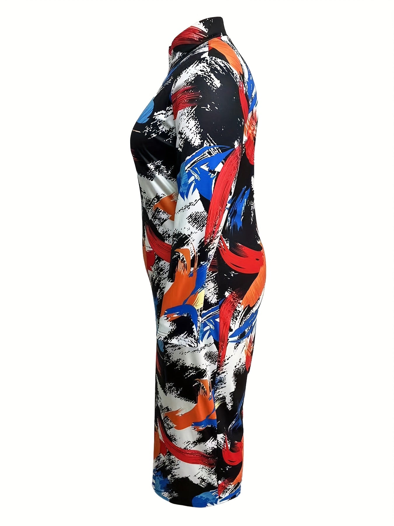 Women's Plus Feather Print Zip Up Mock Neck Long Sleeve Slim Fit Midi Dress