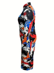 Women's Plus Feather Print Zip Up Mock Neck Long Sleeve Slim Fit Midi Dress