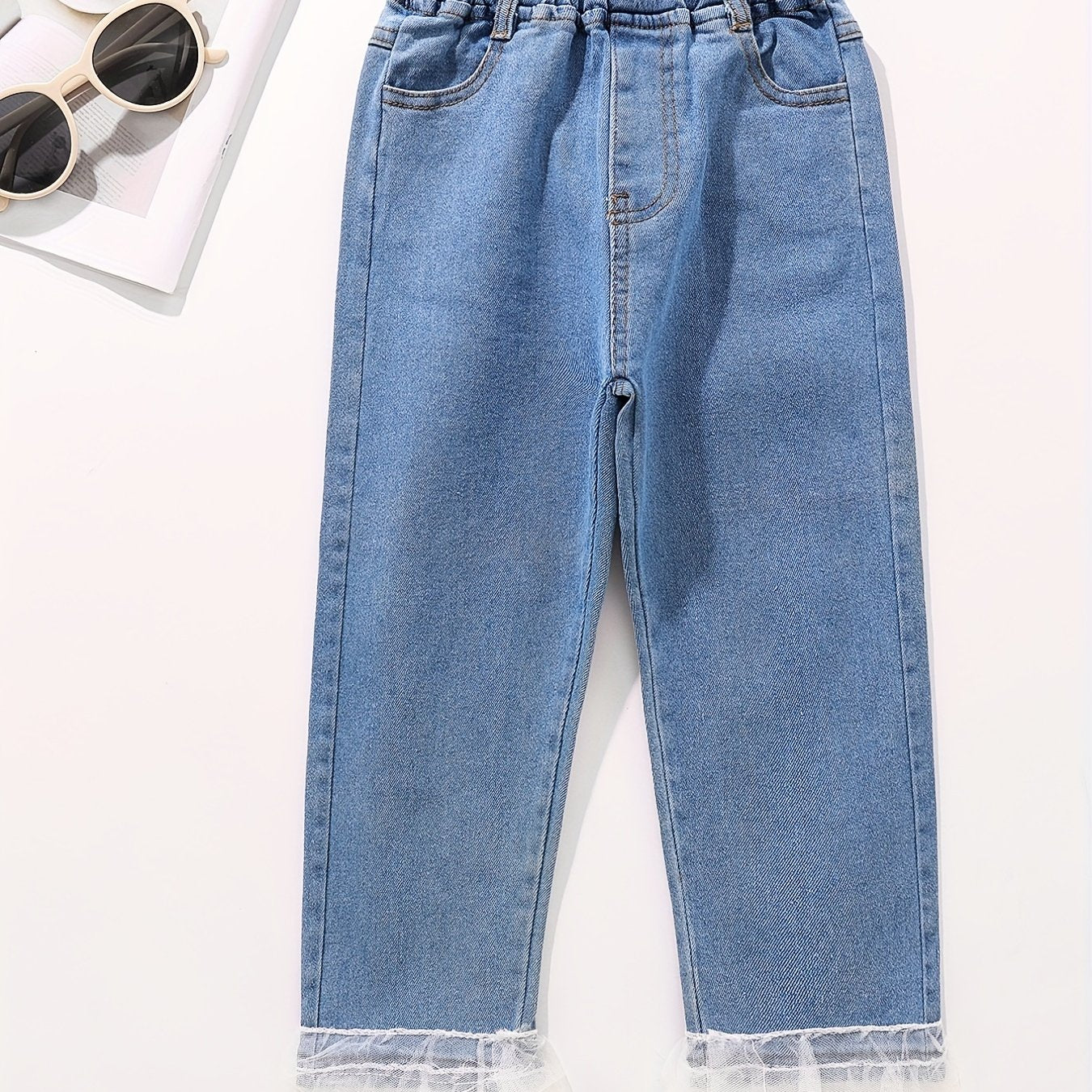 Girl's Lace Fringe Casual Jeans Trousers Elastic Waist Long Pants