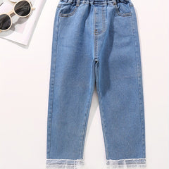 Girl's Lace Fringe Casual Jeans Trousers Elastic Waist Long Pants