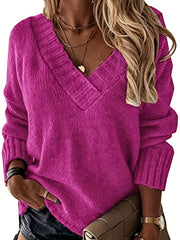 V Neck Drop Shoulder Knit Sweater Long Sleeve Casual Pullover