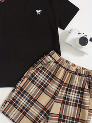 Boy's Plaid Print T-Shirt & Shorts Set with Horse Print