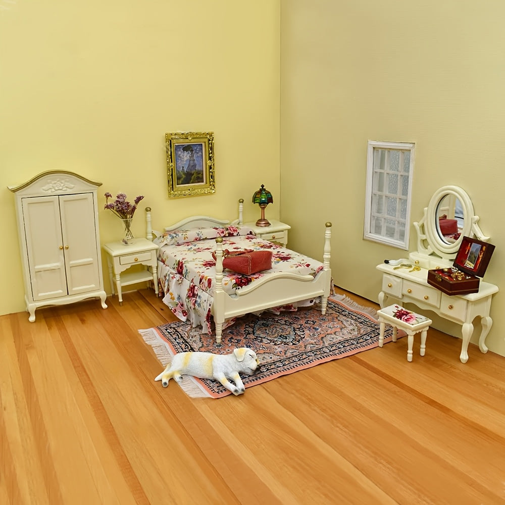 1:12 Vintage Furniture Set Cream/Mahogany Dollhouse Bed Dresser Armoi