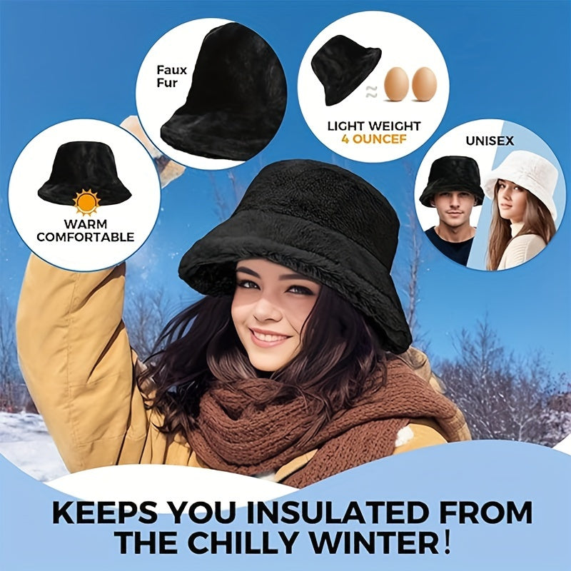 Faux Fur Winter Bucket Hat Fluffy Warm Hat Women's Furry Fisherman Cap