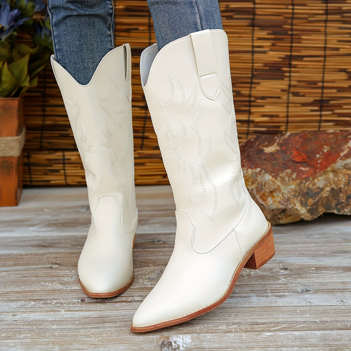 Women's Block Heel Mid Calf Boots Retro Embroidery Pointed Toe Cowgirl Boots