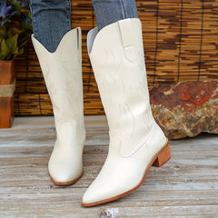 Women's Block Heel Mid Calf Boots Retro Embroidery Pointed Toe Cowgirl Boots