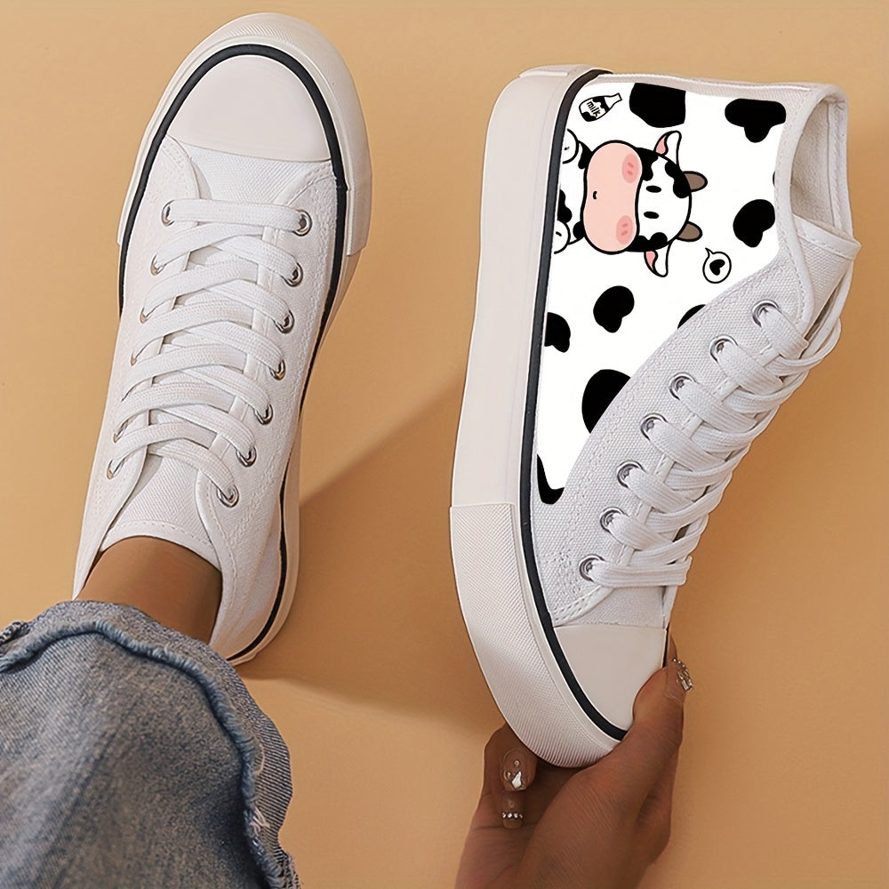 Cow Print High Top Canvas Sneakers Lace Up Skate Shoes