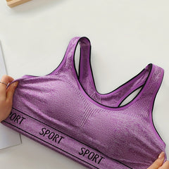 Casual Sports Bra Women's Plus Letter Tape Solid Round Neck