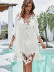 Hollow Out Crochet Boho Cover Up Dress V Neck Solid Beach Kaftan