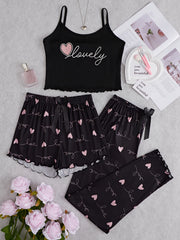 Heart Print Pajama Set Cami Top & Shorts & Pants