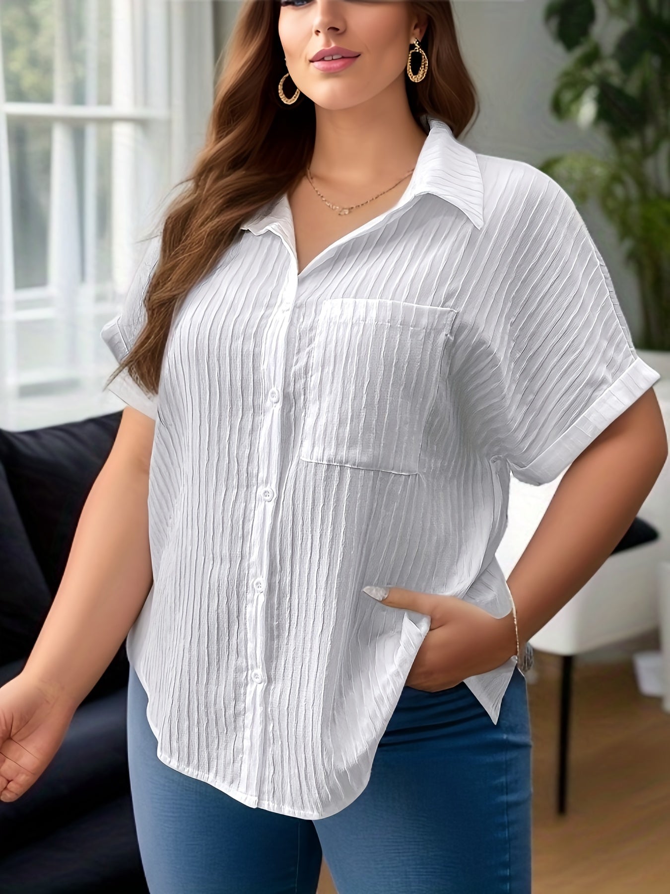 Solid Textured Batwing Sleeve Button Up Shirt Top