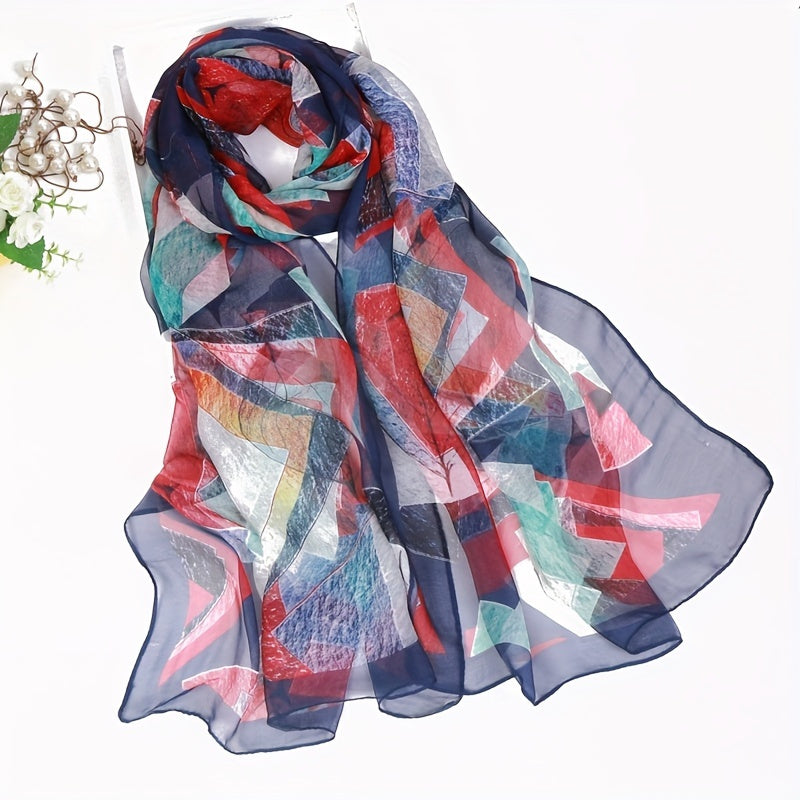 Chiffon Scarf Leaf Print Geometric Block Shawl Vintage Head Wrap