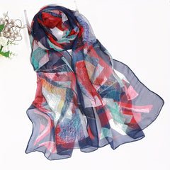 Chiffon Scarf Leaf Print Geometric Block Shawl Vintage Head Wrap