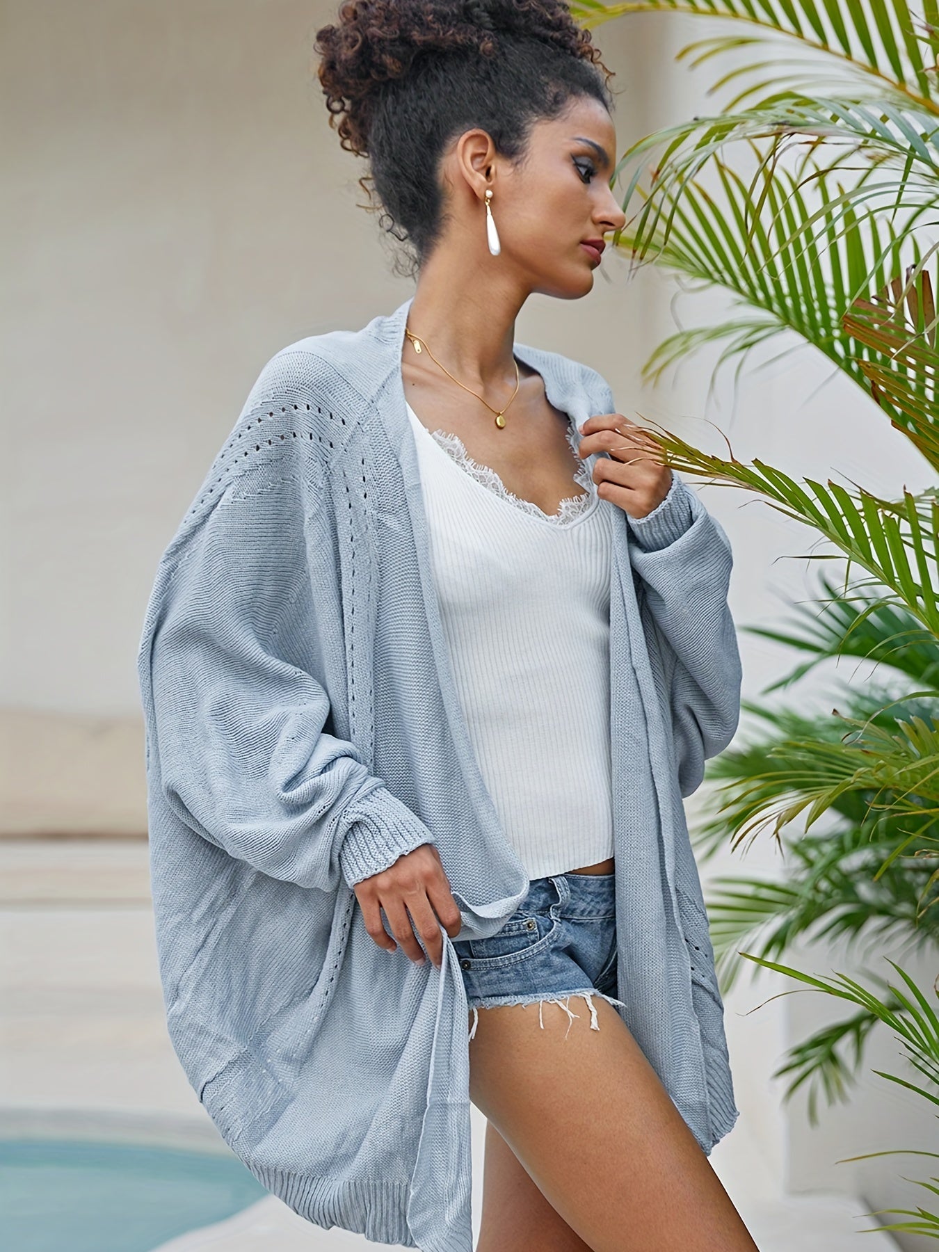 Vacay Cardigan Women's Plus Solid Bat Sleeve Open Front