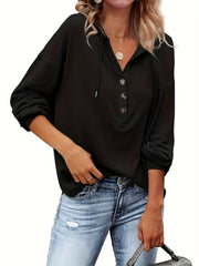 Solid Half Button Hoodie Long Sleeve Drawstring Hoodies