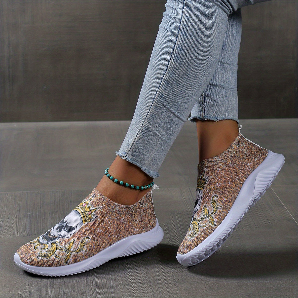 Women's Skull Pattern Sneakers Low Round Toe Non slip Flatform Lightweight Shoes