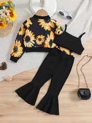 Girls 3pcs Sunflower Print Set - Cami Crop Tops, Flare Leg Pants, Zipper Jacket