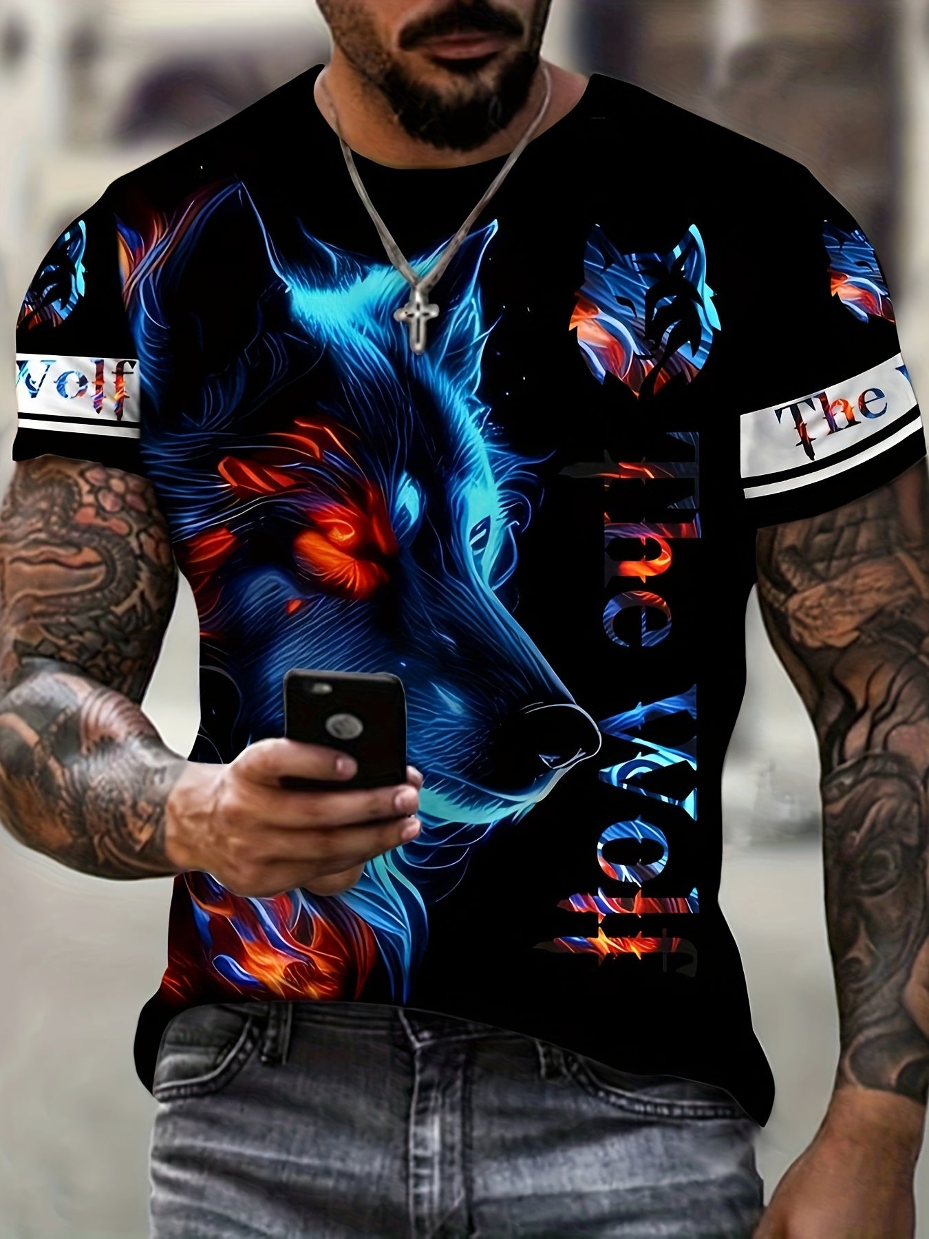 Men's Wolf Graphic T-shirt Casual Tee for Summer
